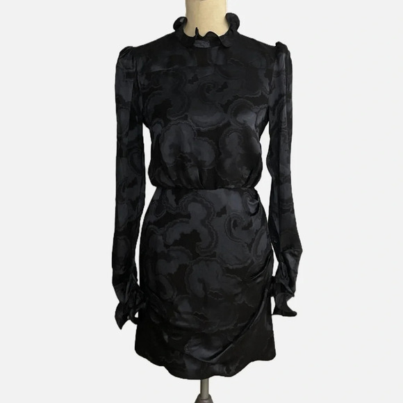 Saloni Floral Print Mini Dress Size US 4 Black Grey Ruffles Long Sleeve Silk - Picture 12 of 12